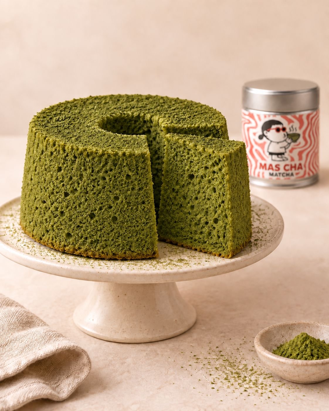 MAS CHA Matcha chiffon cake on a cake stand next to a tin of MAS CHA Matcha
