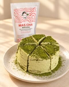 Matcha crepe cake cut into slices and dusted with MAS CHA Matcha, with a bag of MAS CHA Matcha behind it