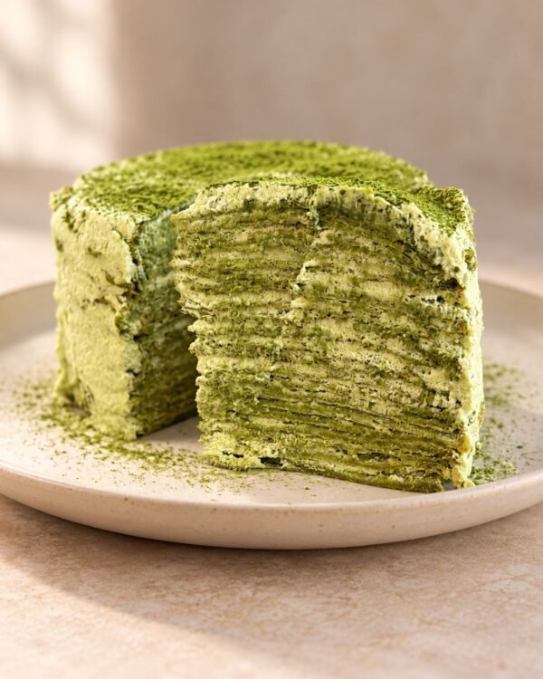 Cut matcha crepe cake showing thin layers of matcha crepes and matcha cream
